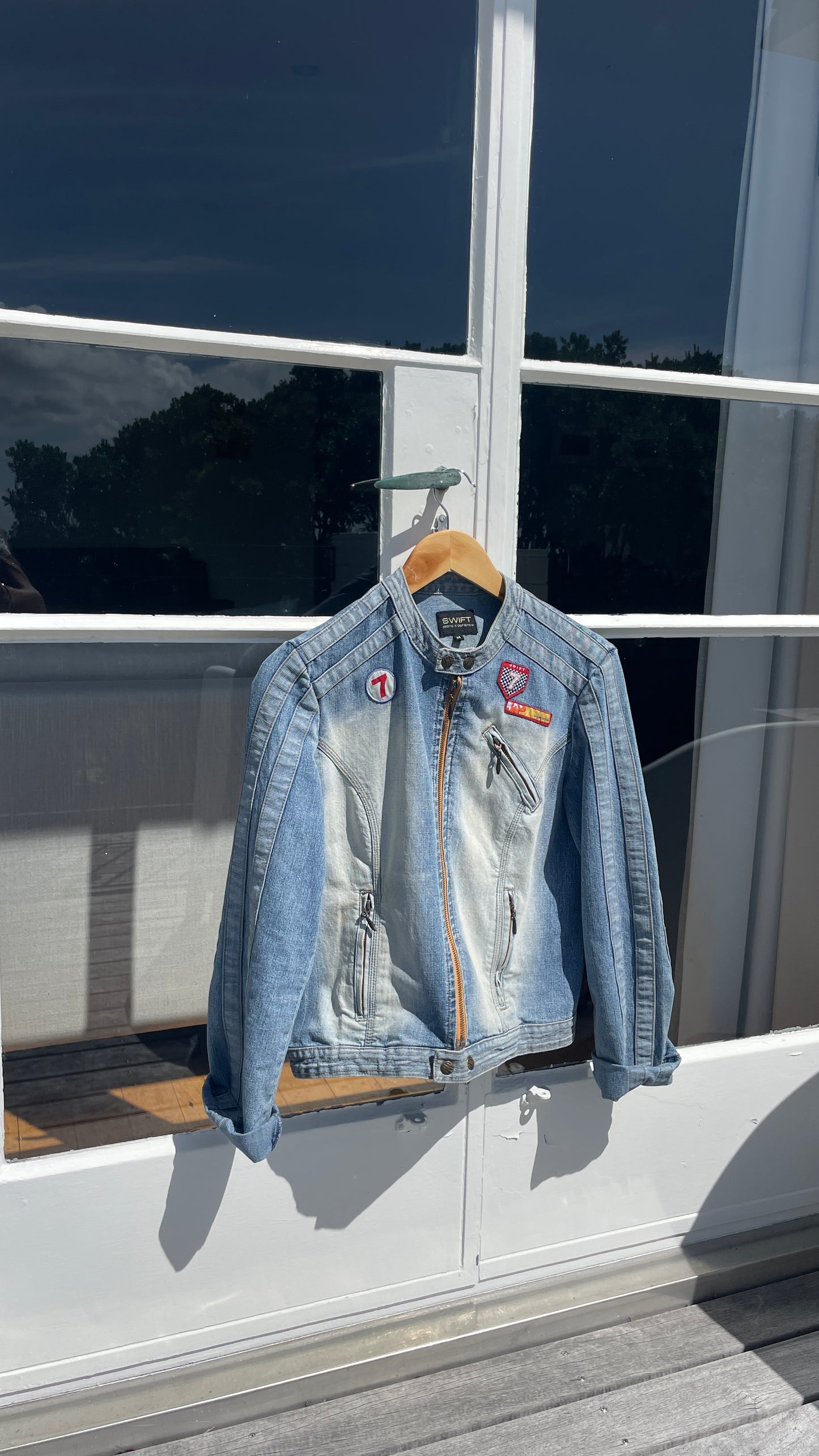 Vintage Denim Patchwork Biker Jacket cream ombre jacket zip up front buttons at neck and hem patchwork logo car detailing round neck withloveizzyg