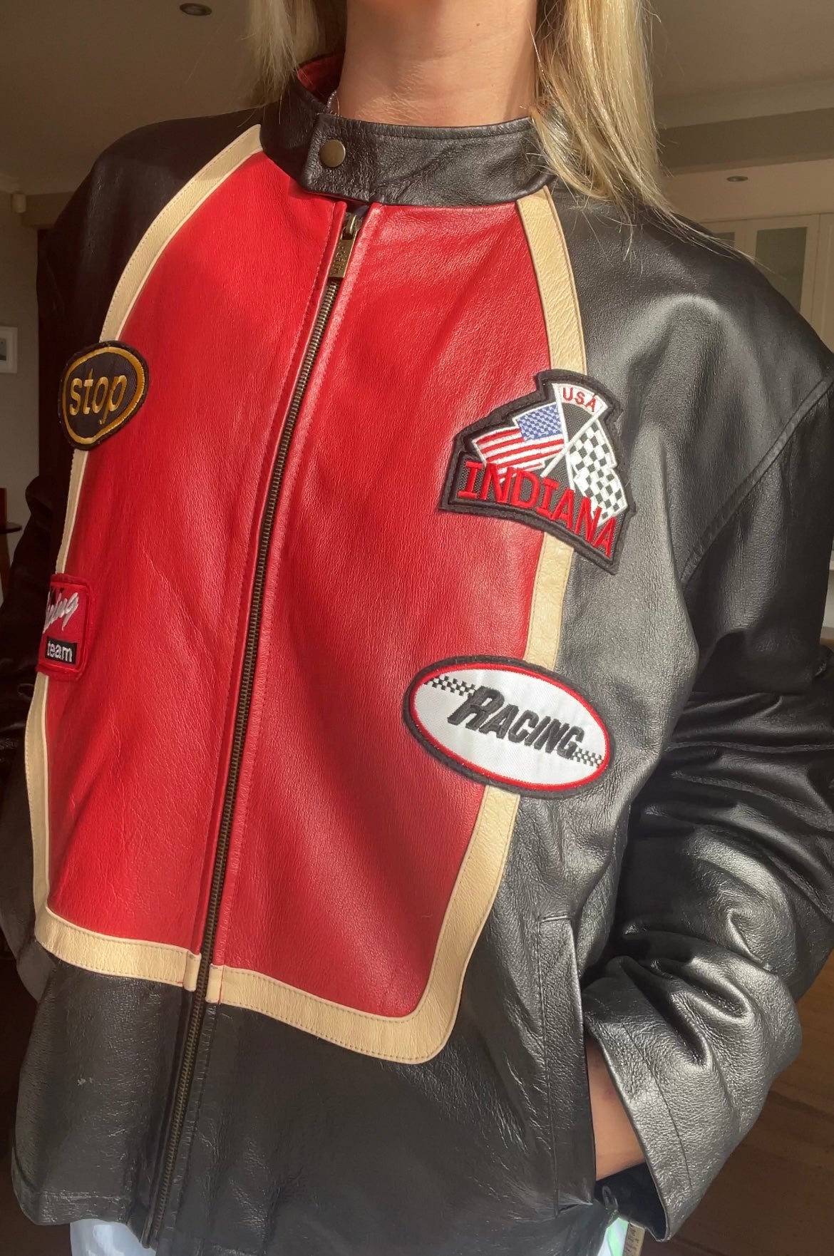 Vintage Black & Red Leather Moto Jacket patchwork logos and detail cream leather front zip oversized padded elbows