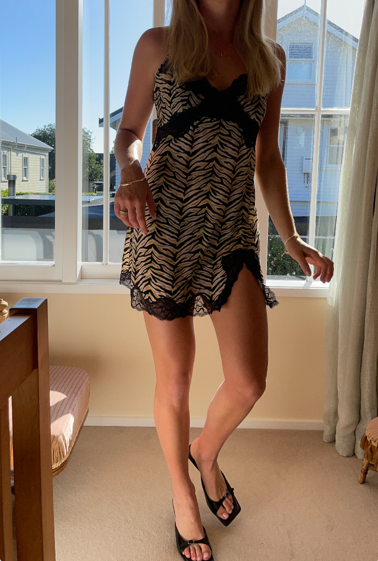 Vintage Victoria's Secret Tiger Mini Dress black lace detailing black lace him side split mini dress medium size buttery material withloveizzyg y2k glam