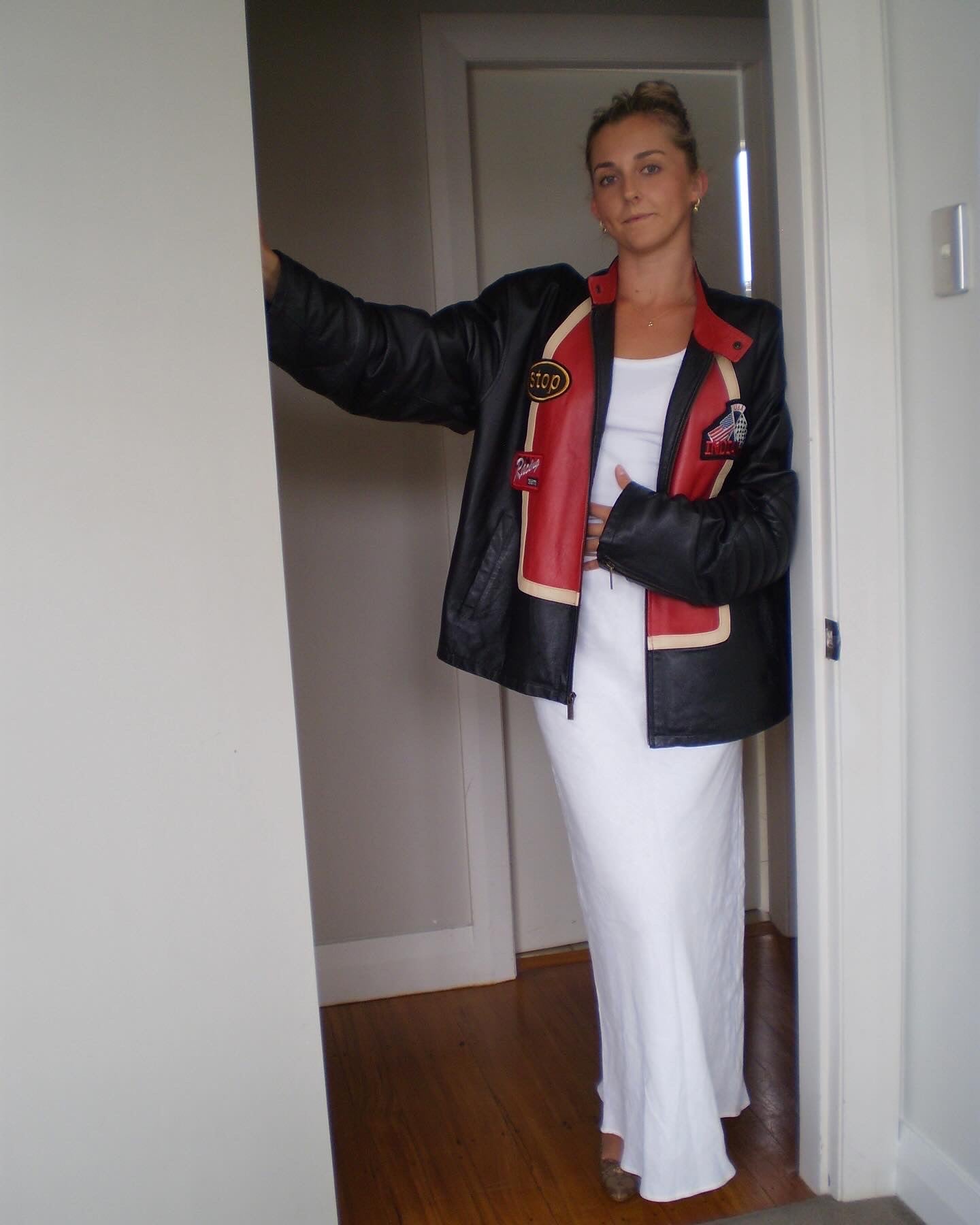 Vintage Black & Red Leather Moto Jacket patchwork logos and detail cream leather front zip oversized padded elbows