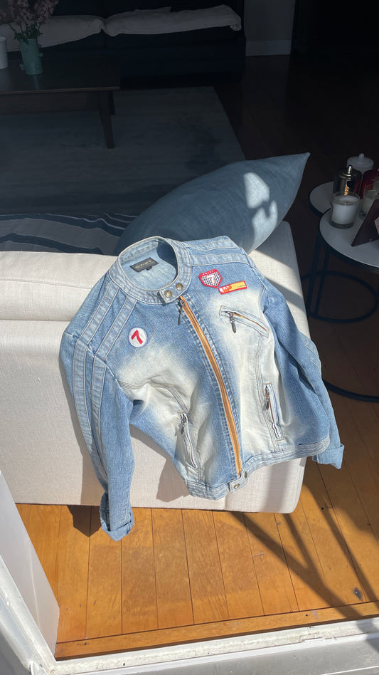 Vintage Denim Patchwork Biker Jacket cream ombre jacket zip up front buttons at neck and hem patchwork logo car detailing round neck withloveizzyg