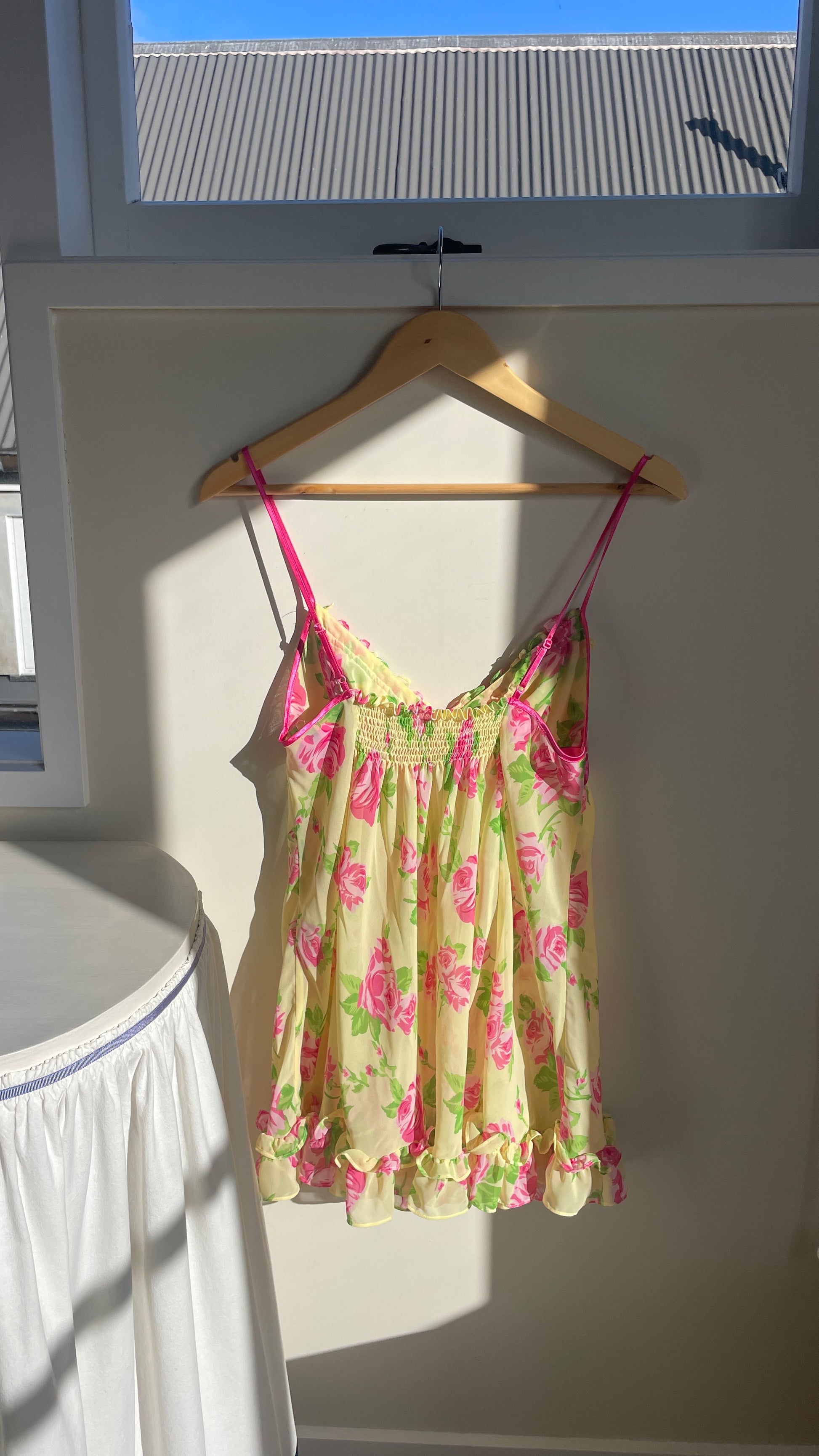 Betsey Johnson Yellow Floral Cami Pink ribbon green ribbon ruffle hem v-neck