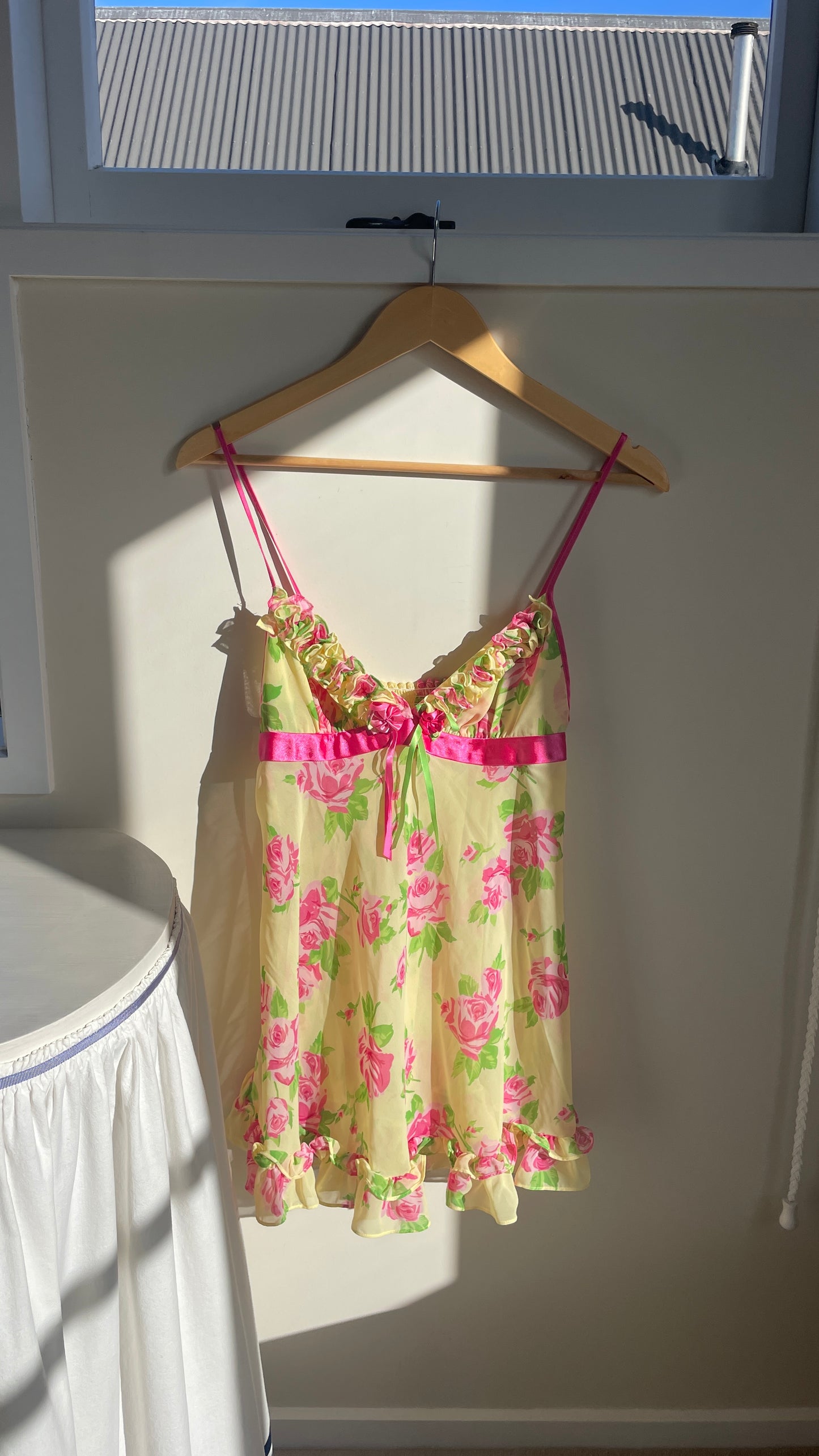 Betsey Johnson Yellow Floral Cami Pink ribbon green ribbon ruffle hem v-neck