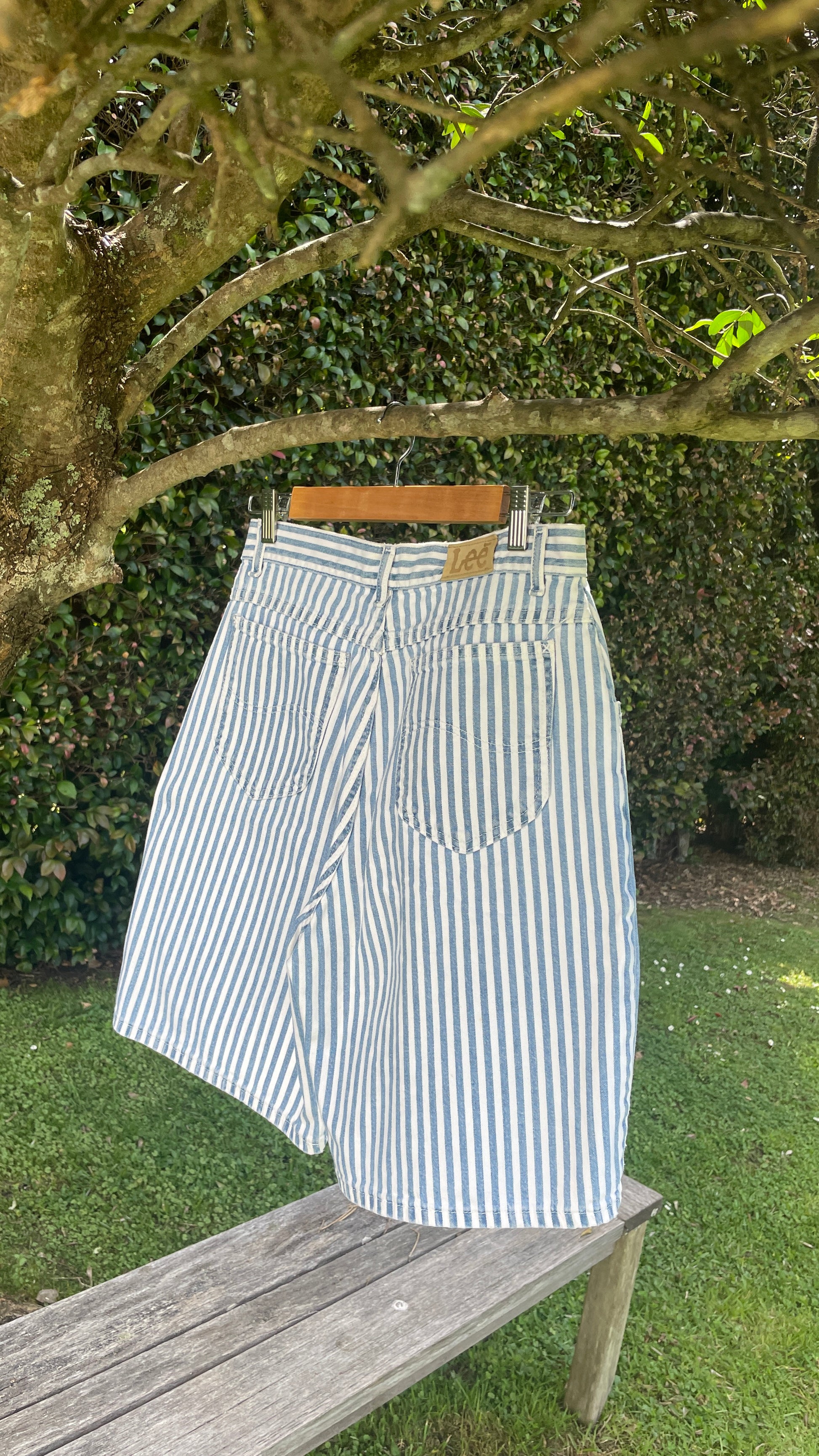 Vintage Lee Stripe Shorts blue and white stripe high waisted y2k withloveizzyg