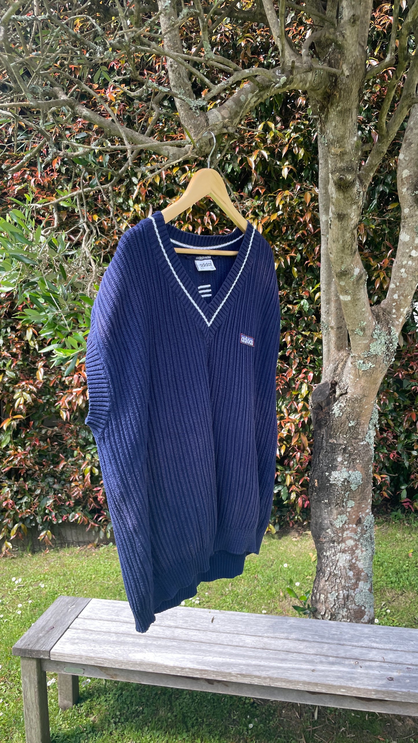 Vintage Adidas Navy and White Knit Vest Oversized