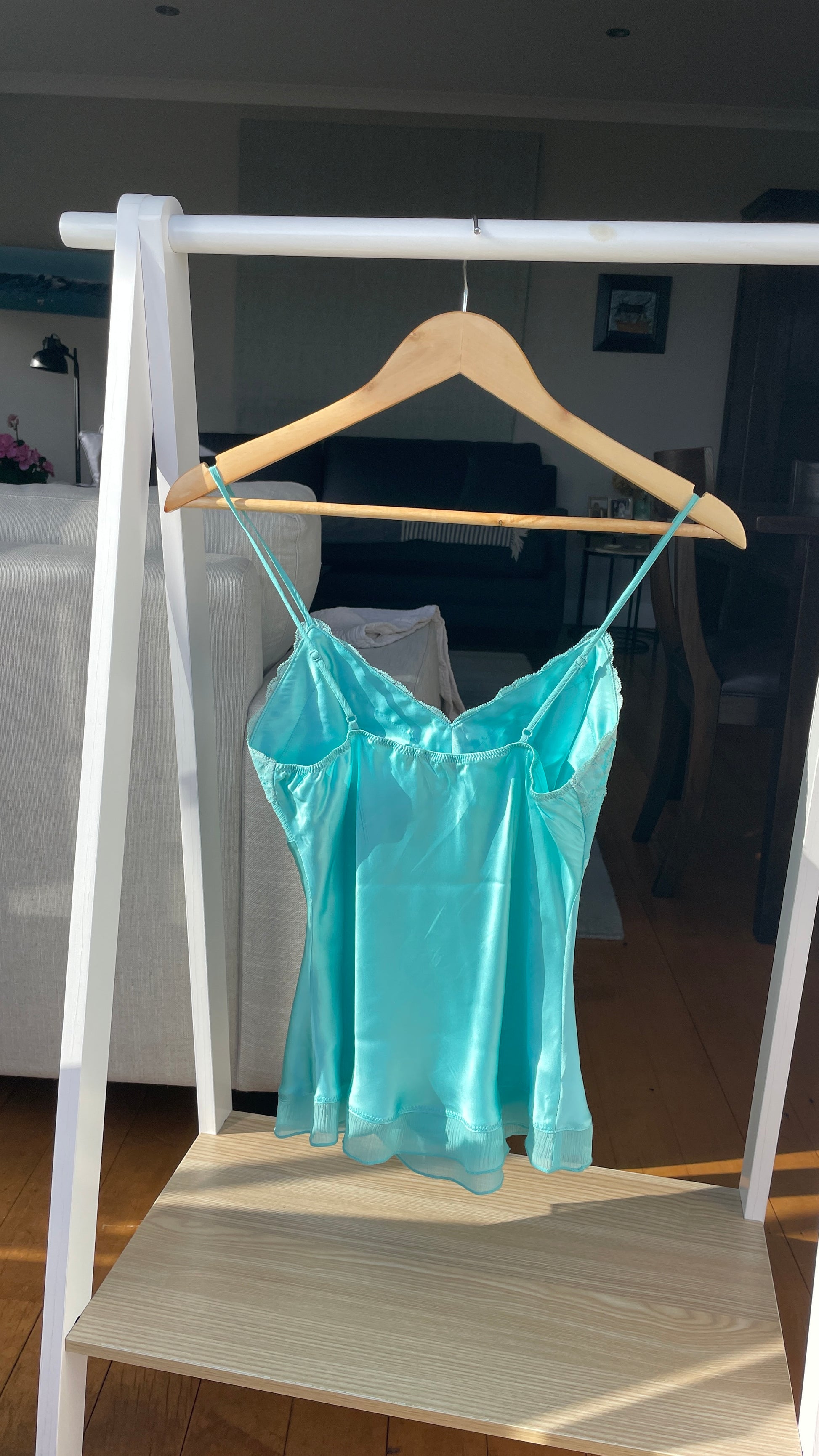 Vintage Aqua Silk Cami Blouse Top Lace Detail