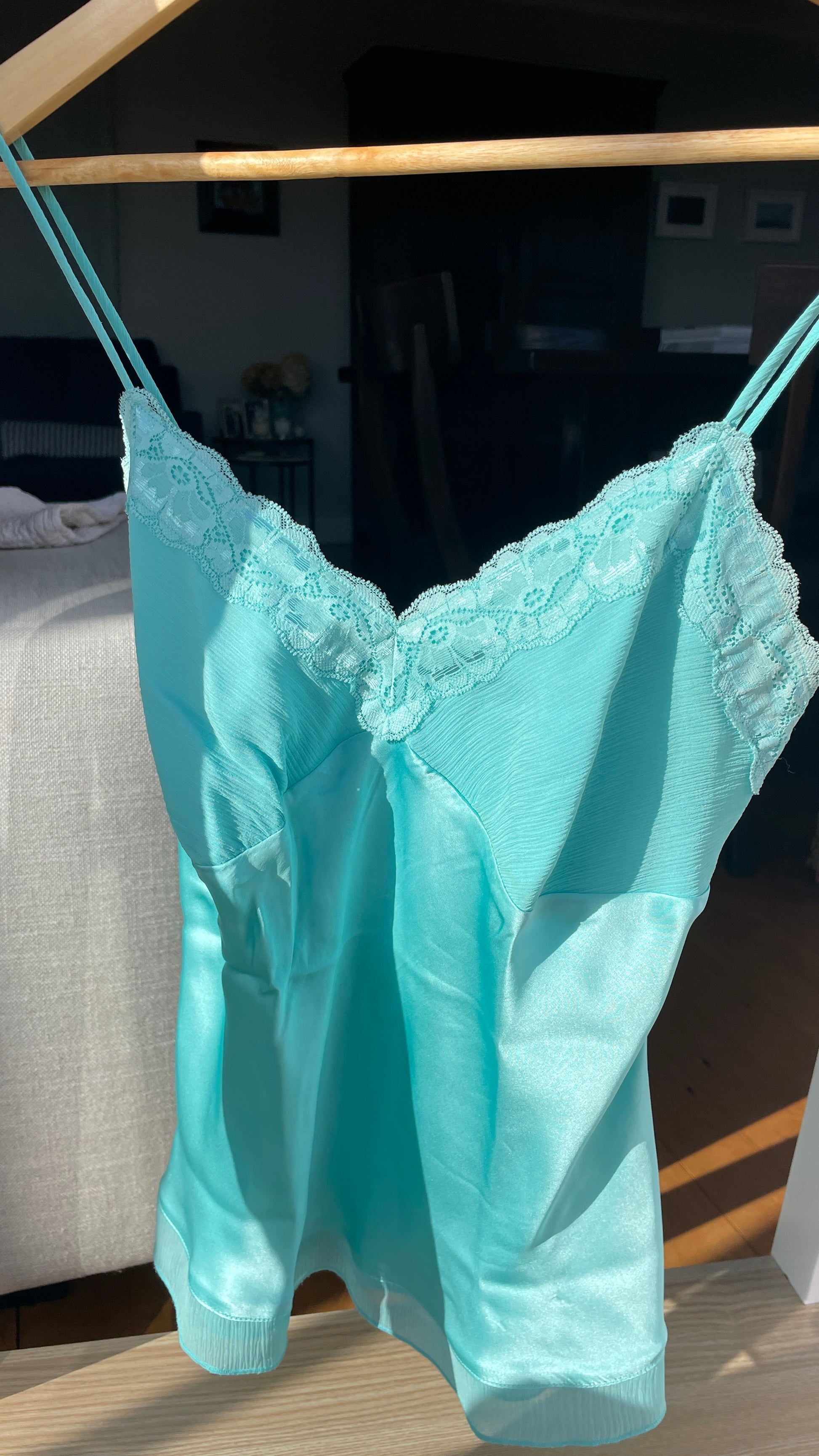 Vintage Aqua Silk Cami Blouse Top Lace Detail