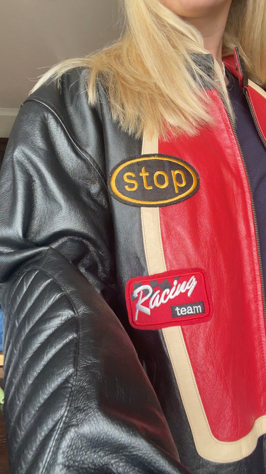 Vintage Black & Red Leather Moto Jacket patchwork logos and detail cream leather front zip oversized padded elbows